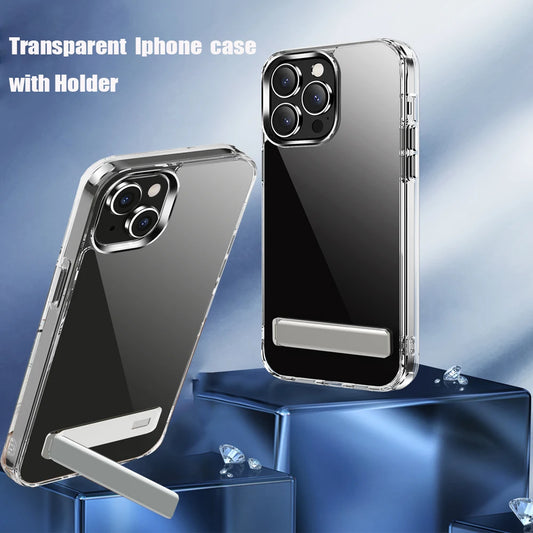 Transparent Phone Case With Metal Kickstand Holder for iPhone 16 15 14 Pro Max 13 12 11 Mini Plus Phone Back Cover - Caseverse