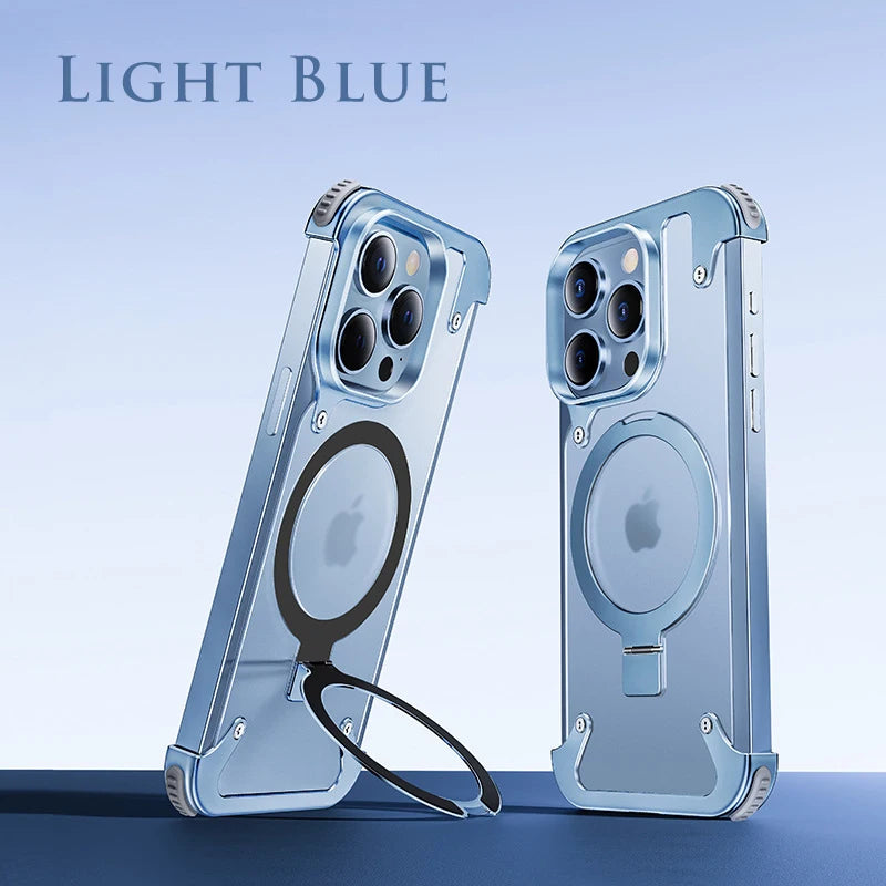 Aluminum Alloy Magnetic Stand Rimless Phone Case For iPhone 13 14 15 Pro Max 15Plus Metal Lens Shell  Frosted Matte Back Cover - Caseverse