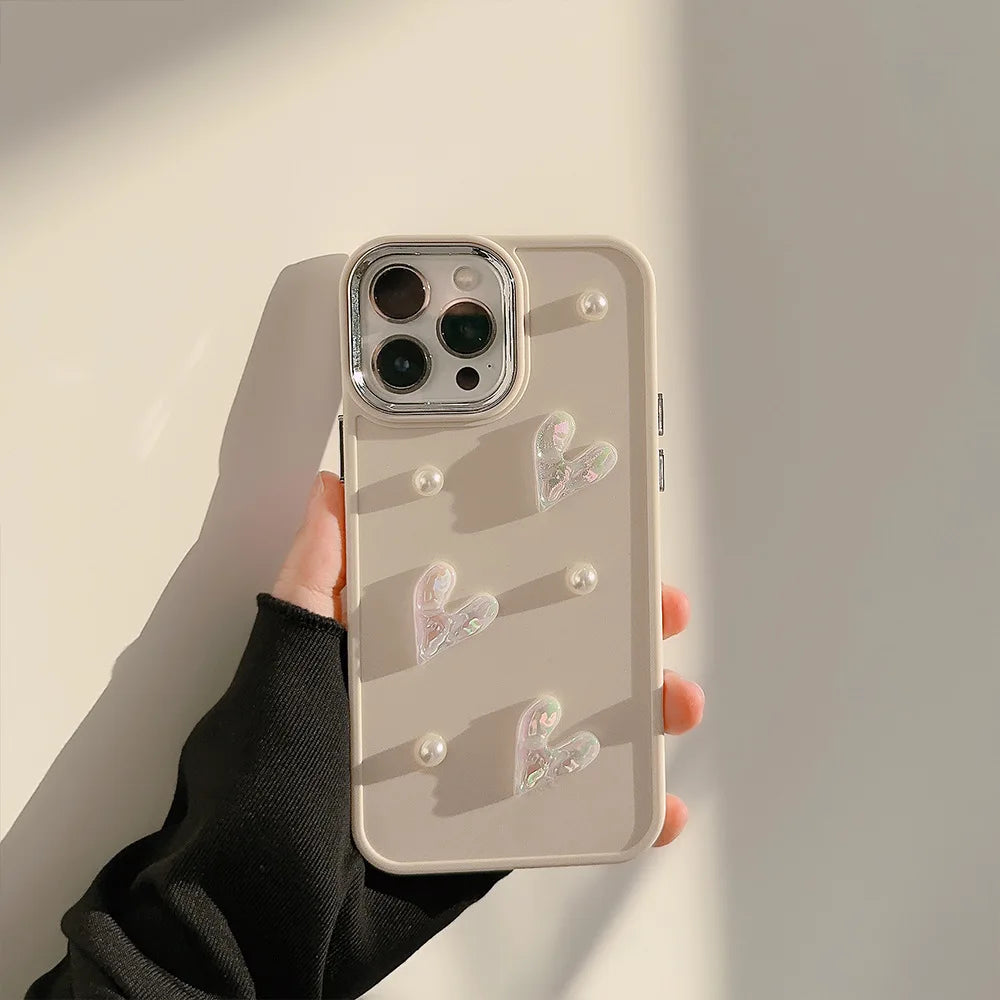 Ins Cute 3D Pearl Love Heart Phone Case For iPhone 16 15 14 13 12 11 Pro Max X XS XR 8 7 Plus SE 2022 Soft Silicone Bumper Cover - Caseverse