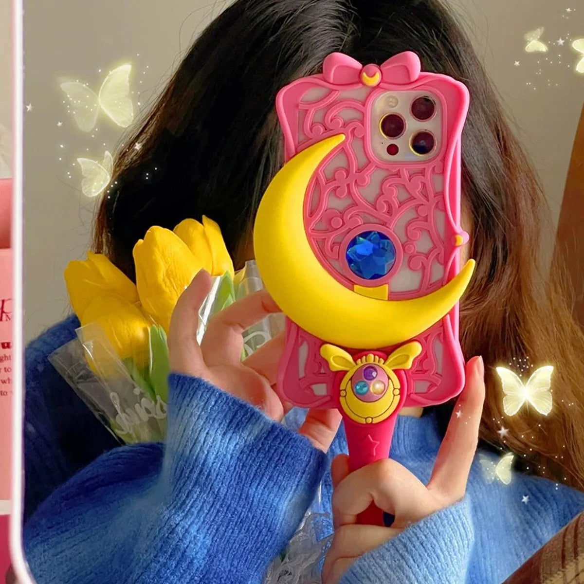 Suitable for Pink Pretty Girl Star Moon Stick iPhone 14 Pro Max 13 Phone Case 12 15 11 Silicone Full Package Anti Drop Soft Case - Caseverse