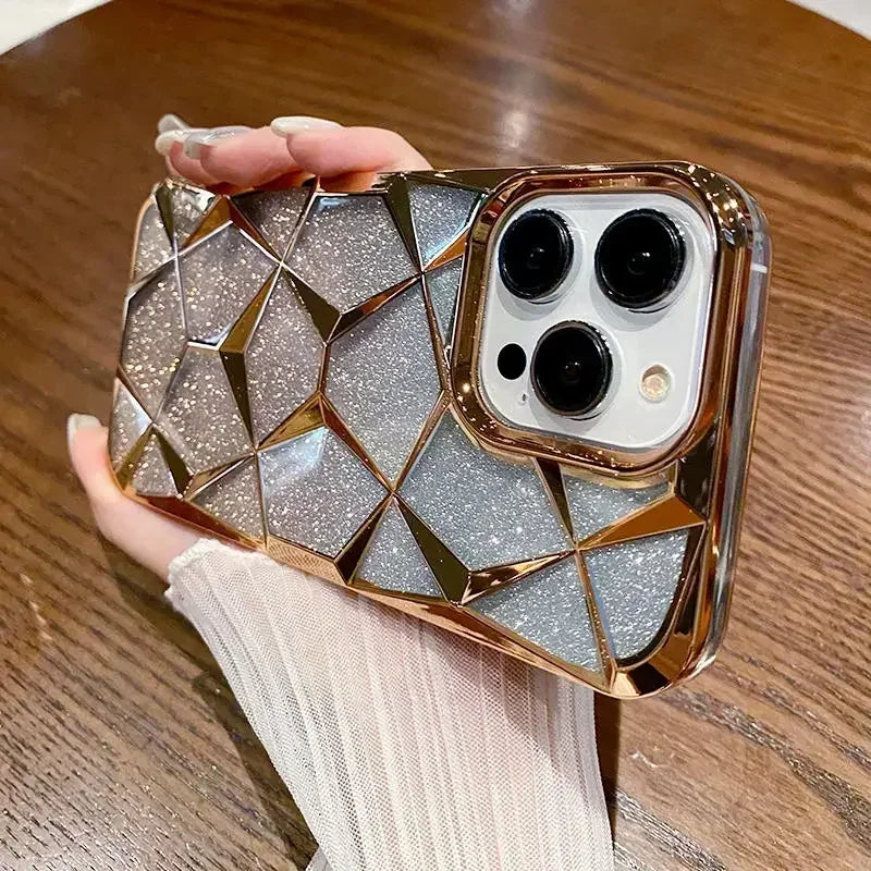 Luxury Girl's Phone Case for iPhone 15 14 13 12 11 Pro Max Plus Glitter Bling 3D Cube Diamond Marble Soft TPU Shockproof Cover - Caseverse