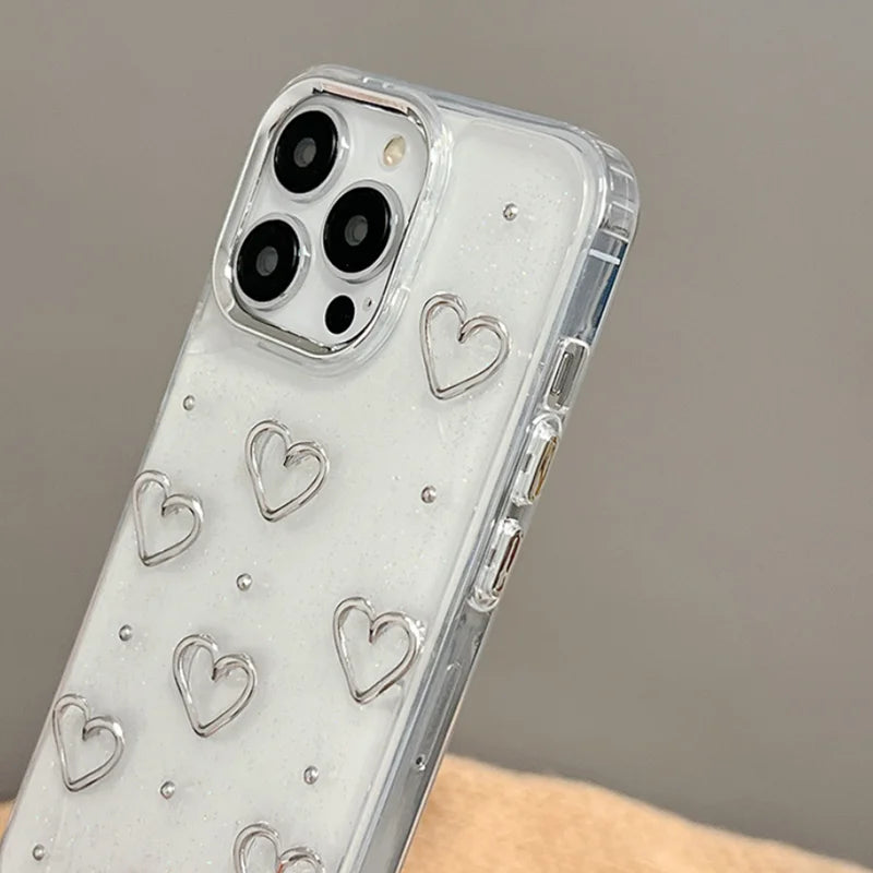 Cute Metal Love Heart Epoxy Glitter Phone Case For iPhone 16 15 14 13 12 11 Pro Max Plus Bling Clear Shockproof Soft Cover