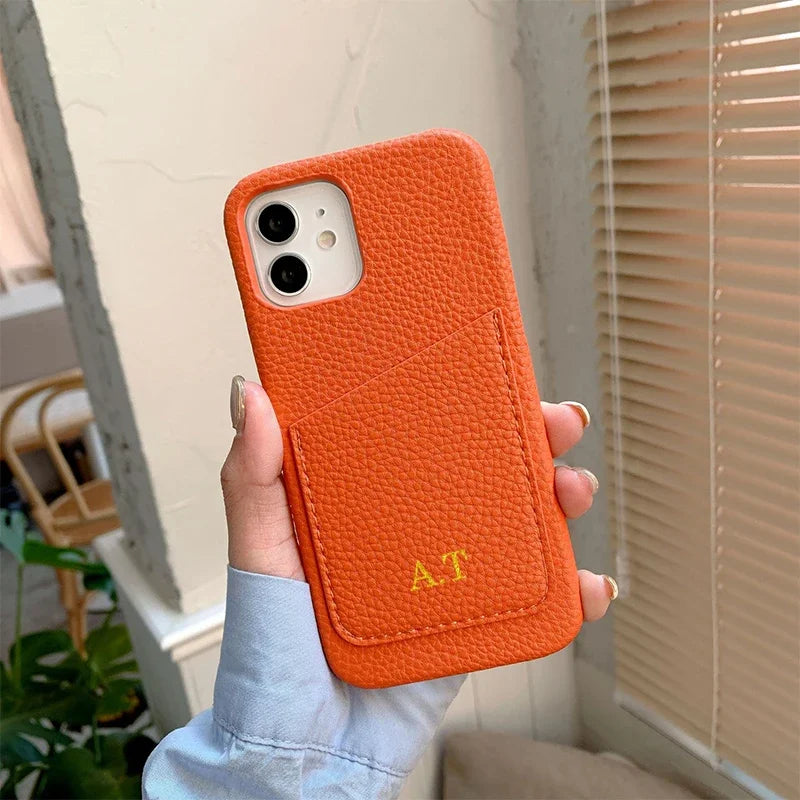 Personalized Phone Case with Card Holder Custom Initials Protective Cover iPhone16Promax 11 12 13 14 15Pro Max XS XR Mini - Caseverse