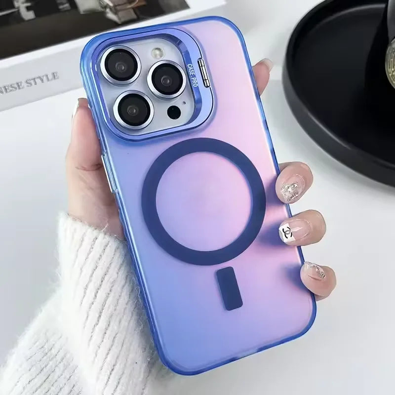 Gradient Metal Lens Holder Magsafe Phone Case for IPhone 16 15 14 Plus 13 12 Pro Max Back Lens Glass Film Matte PC Hard Cover
