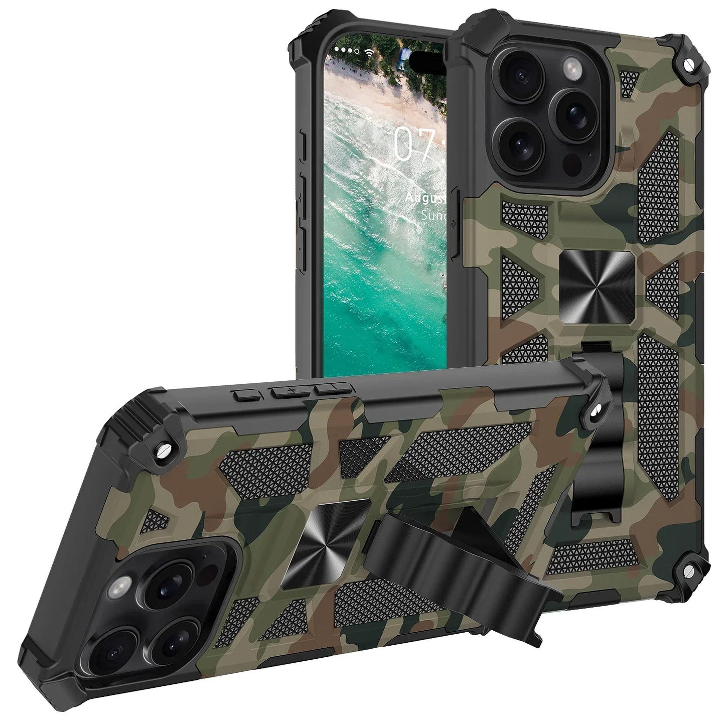 Military Camouflage Armor Shockproof Case For iPhone 11 12 13 14 15 16 Pro Max Xs XR SE 2020 2022 8 7 Plus Kickstand Phone Cover - Caseverse