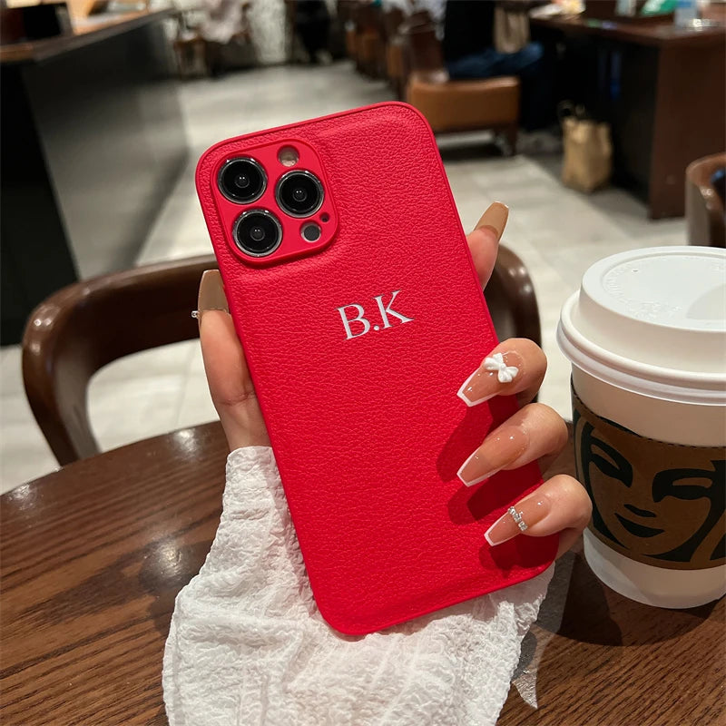 Personalized Case For iPhone 16 15 14 13 12 11 Pro Max Custom Name initials Leather Cover For iPhone 16 Pro Max Silver Letters - Caseverse