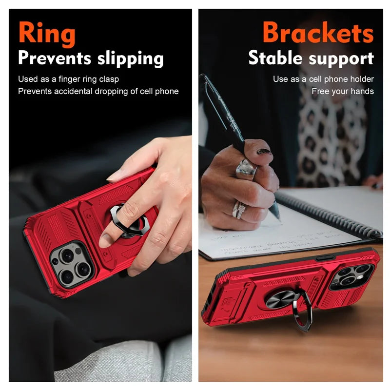 Military level armor card holder ring stand phone case for iPhone 16 15 14 13 Pro Max car phone magnetic shockproof hard cover - Caseverse