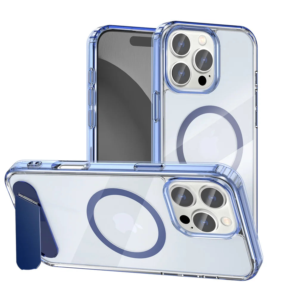 Luxury Metal Stand Clear Magnetic Phone Case For iPhone 16 13 14 15 Pro Max Folding Invisible Bracket Shockproof Protector Cover