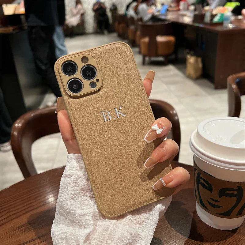 Personalized Case For iPhone 16 15 14 13 12 11 Pro Max Custom Name initials Leather Cover For iPhone 16 Pro Max Silver Letters - Caseverse
