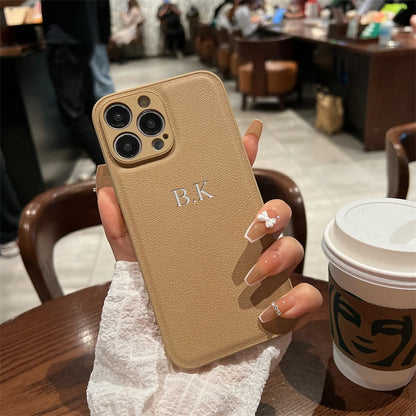 Personalized Case For iPhone 16 15 14 13 12 11 Pro Max Custom Name initials Leather Cover For iPhone 16 Pro Max Silver Letters - Caseverse