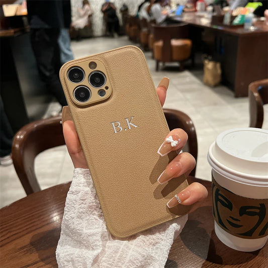 Personalized Case For iPhone 16 15 14 13 12 11 Pro Max Custom Name initials Leather Cover For iPhone 16 Pro Max Silver Letters