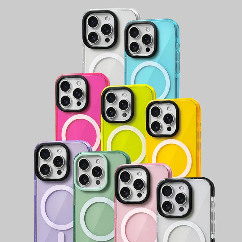 Transparent Neon Color MagSafe Phone Case for iPhone 16 15 Pro Max 14Pro 13 14 12 Wireless Charging Soft Silicone Bumper Cover - Caseverse
