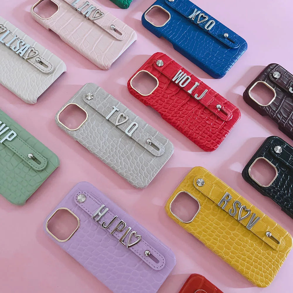 Luxury Custom Personalised Name Silver Metal Letter Charm Leather Phone Cases For Iphone 14 13 12 11 15 Pro Max 16 pro max Cover