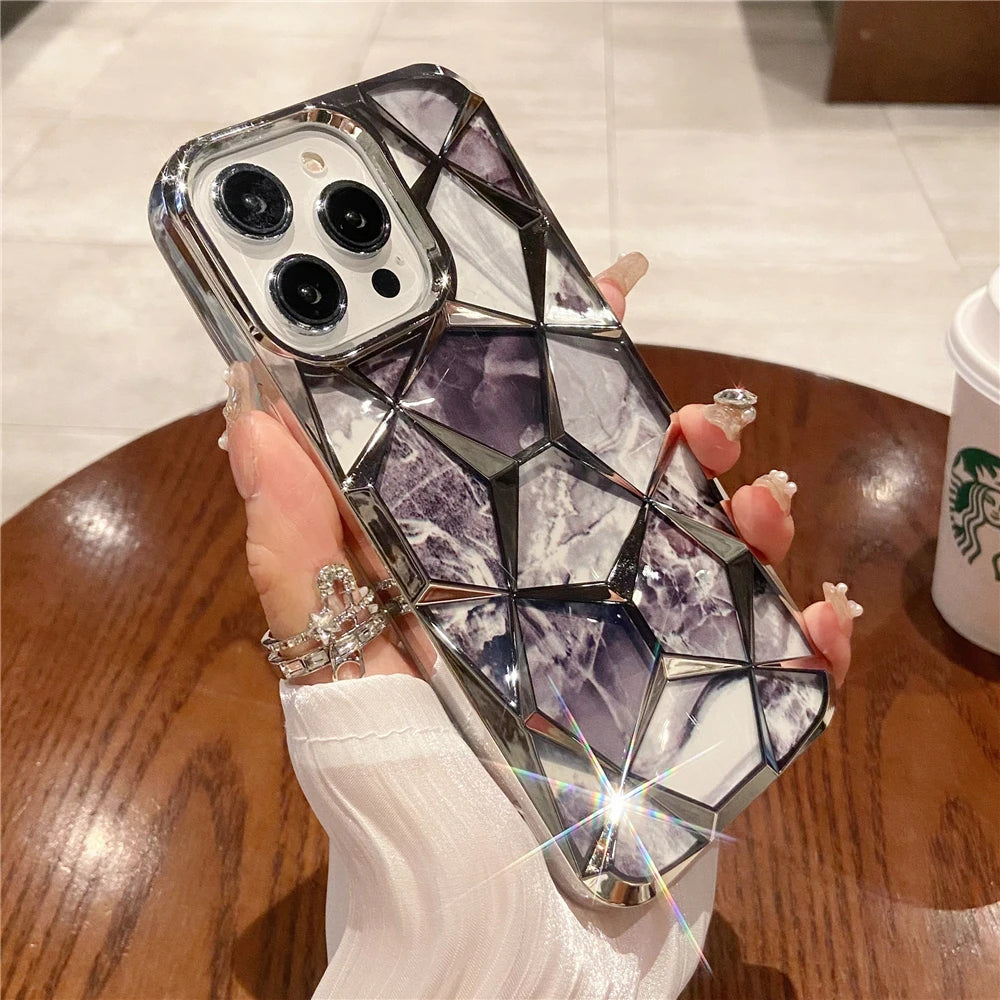Plating Glitter Diamond Pattern Colorful Marble Phone Case For iPhone 15 13 11 12 14 Pro Max Soft Silicone Transparent Cover