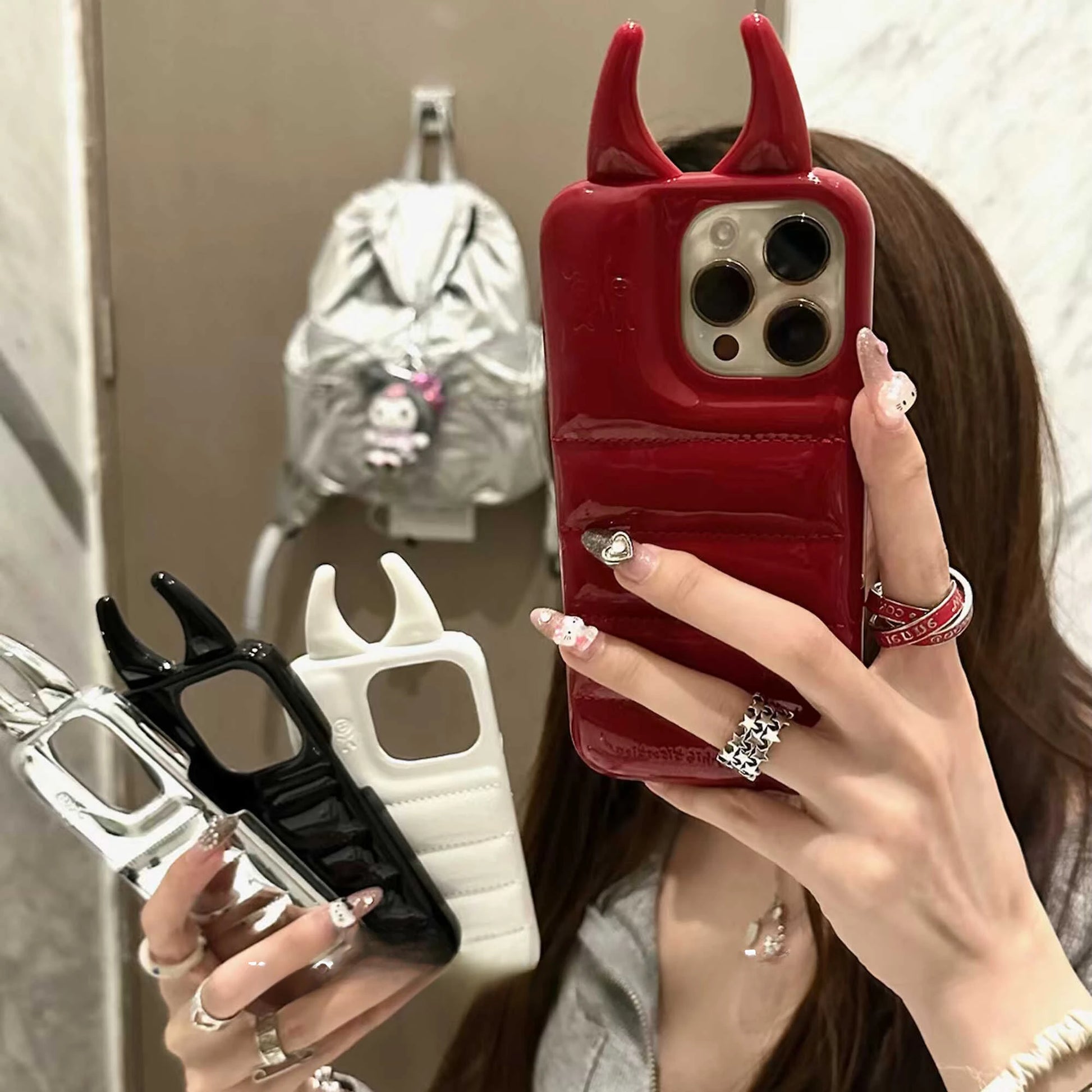 Soft Cute 3D Phone Case for IPhone15 14 13 12ProMax Anti-drop Patent Leather Down Three-dimensional Horn Shockproof Cover Cases - Caseverse