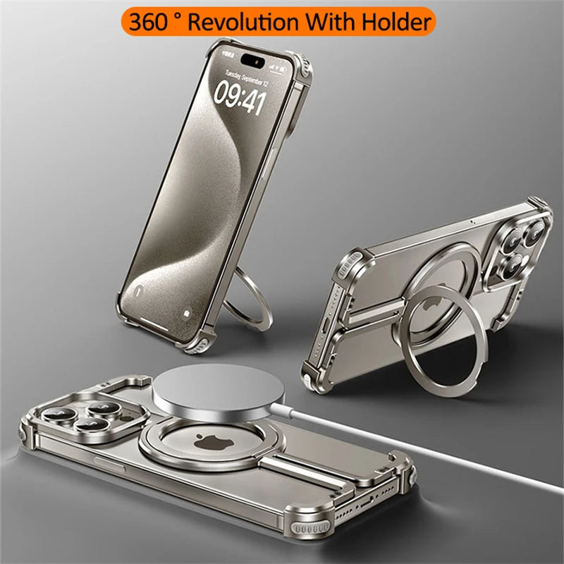 Metal Frame Magsafe Phone Case for iPhone 16 15 14 13 Pro Max Wireless Charging Aluminum Alloy Frameless Holder Shockproof Cover