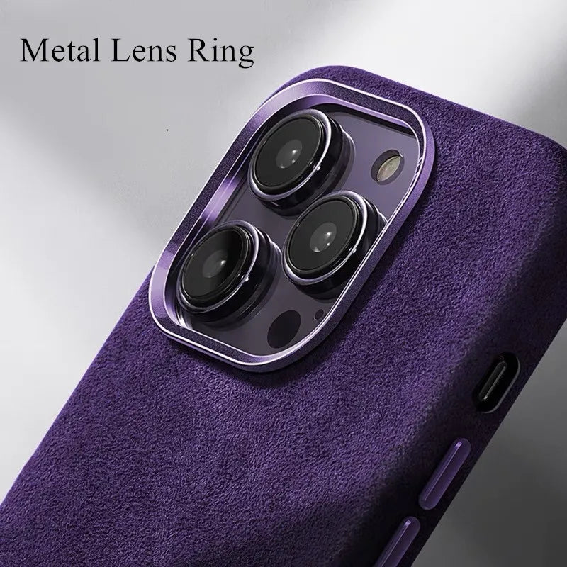 Alcantara Metal Lens Protection Phone Case for iPhone 12 13 14 15 16 Pro Max Magnetic Attraction High-end Imported Suede Cover