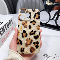 Vintage Glitter Leopard Print Phone Case For IPhone 16 15 13 12 11 Pro Max 14 Plus Dream Shell Leopard Marble Texture Hard Cover