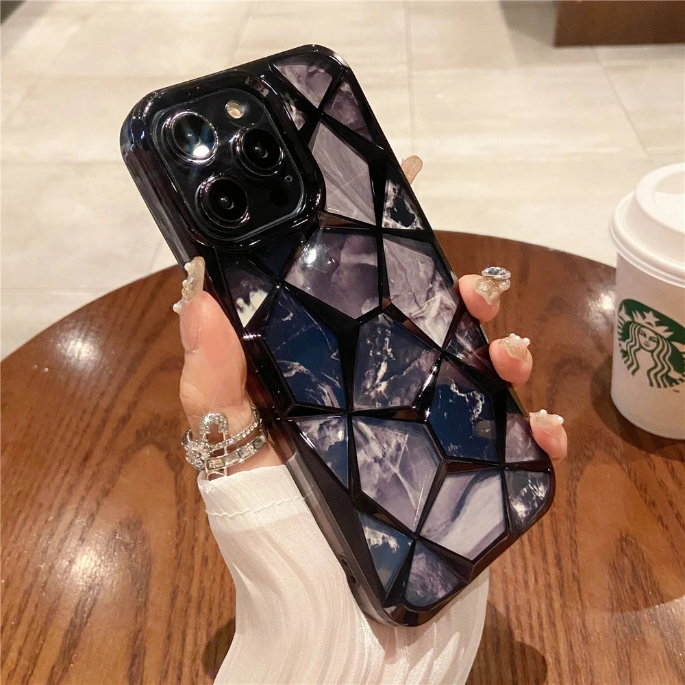 Plating Glitter Diamond Pattern Colorful Marble Phone Case For iPhone 15 13 11 12 14 Pro Max Soft Silicone Transparent Cover