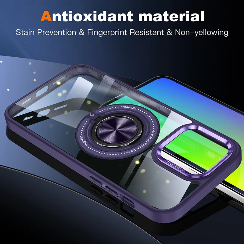 Metal Ring Magnetic Bracket Wireless Charging Phone Case for iPhone 16 15 14 Pro Max