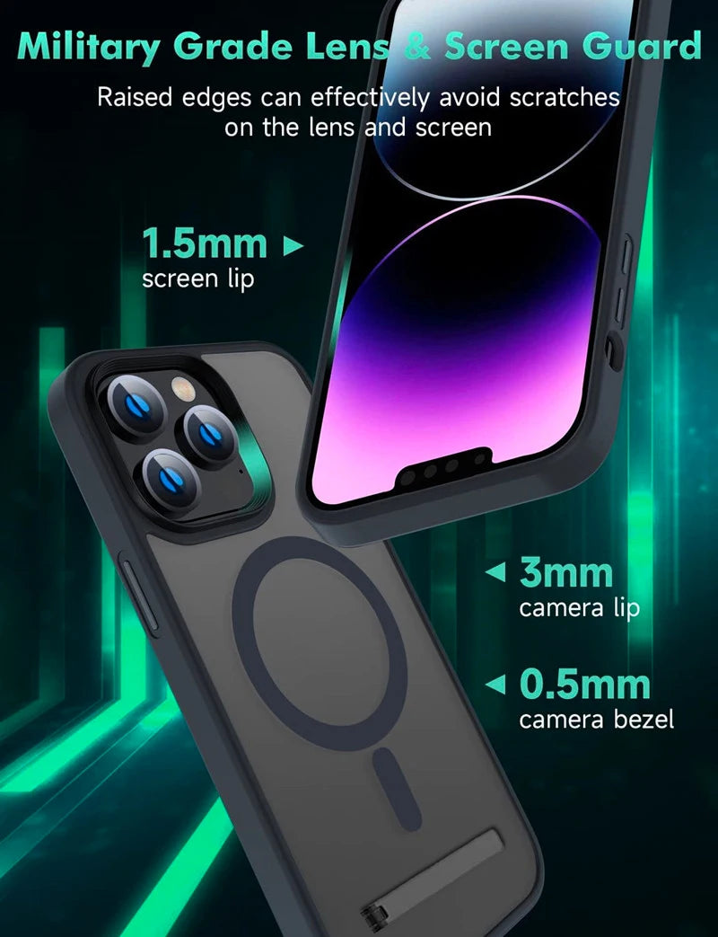 Magnetic Phone Case with Metal Stand for iPhone 16 15 14 13 12 Pro Max Plus Translucent Mobile Cases Military Grade Back Cover