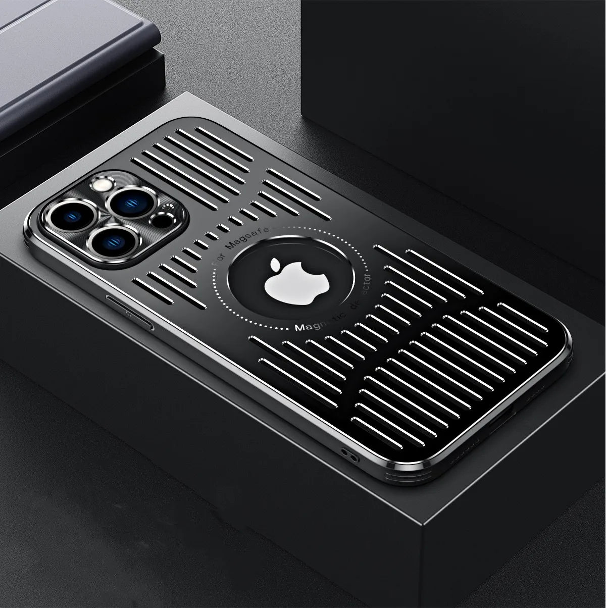 Fashion Metal Heat Dissipation Magnetic Magsafe Case for iPhone 14 16 Pro Max 13 12 15 16 Pro Logo Hole Wireless Charging Cover