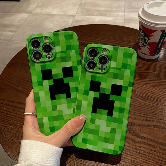 Green Pixel Monster Cartoon Phone Case for IPhone 16 15 14 13 12 11 Pro Max XR XSMax Plus Lens Protection Glossy HD Hard PC