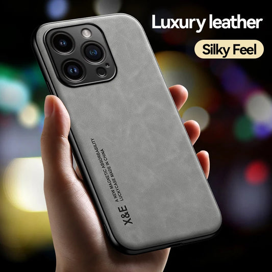 Luxury Leather Case For iPhone 15 14 13 Pro Max Cover With Metal Plate Support Car Hold For iPhone 15 14 13 Pro 11 12 case