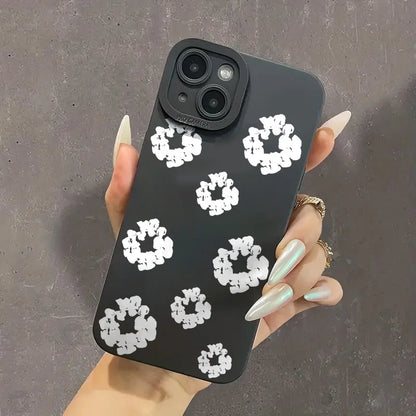 Case For iPhone 16 Cases iPhone 15 11 12 13 14 Pro Max X XS XR 7 8 16E 15 Plus Black Stylish Flower Patterned Design Phone Cover