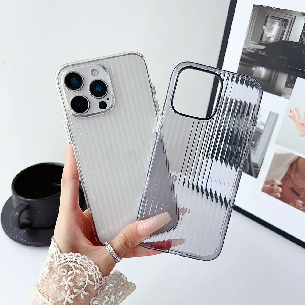 Metal Button Key Vertical Stripe Corrugated Clear Phone Case for IPhone 13 14 15 16 Pro Max Shockproof PC Protective Back Cover