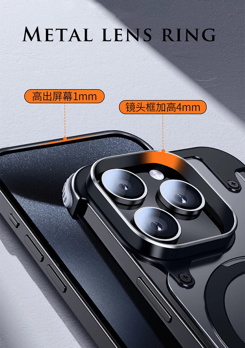 Aluminum Alloy Magnetic Stand Rimless Phone Case For iPhone 13 14 15 Pro Max 15Plus Metal Lens Shell  Frosted Matte Back Cover - Caseverse