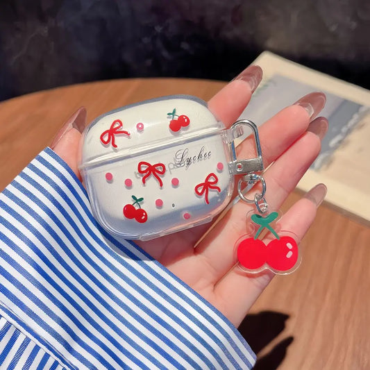 Suitable For Lenovo LP40 TWS Earphone Protective Case Cartoon Cherry Bow Headset Soft TPU Clear Earphone Cover With Keychain