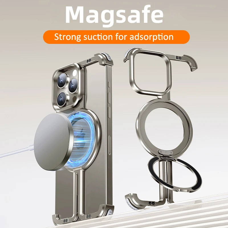 Metal Frame Magsafe Phone Case for iPhone 16 15 14 13 Pro Max Wireless Charging Aluminum Alloy Frameless Holder Shockproof Cover