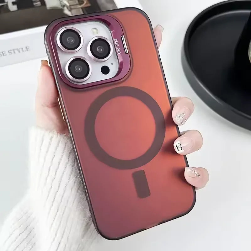 Gradient Metal Lens Holder Magsafe Phone Case for IPhone 16 15 14 Plus 13 12 Pro Max Back Lens Glass Film Matte PC Hard Cover