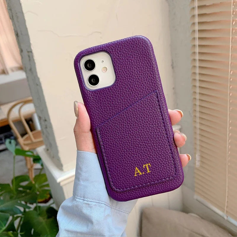 Personalized Phone Case with Card Holder Custom Initials Protective Cover iPhone16Promax 11 12 13 14 15Pro Max XS XR Mini - Caseverse