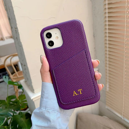 Personalized Phone Case with Card Holder Custom Initials Protective Cover iPhone16Promax 11 12 13 14 15Pro Max XS XR Mini - Caseverse