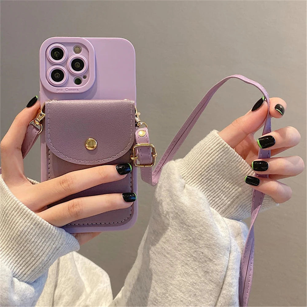 Wallet Leather Crossbody Neckband Lanyard Phone Case for iPhone 15 14 11 12 13 Pro Max X XS XR 7 8 Plus Luxury Card Holder Cover - Caseverse