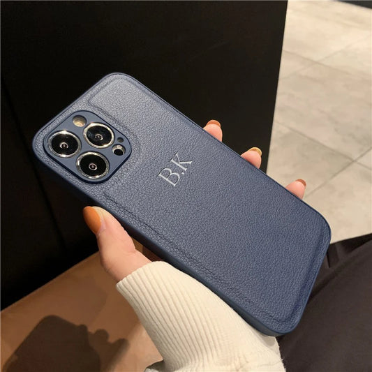 Personalized Case For iPhone 16 15 14 13 12 11 Pro Max Custom Name initials Leather Cover For iPhone 16 Pro Max Silver Letters