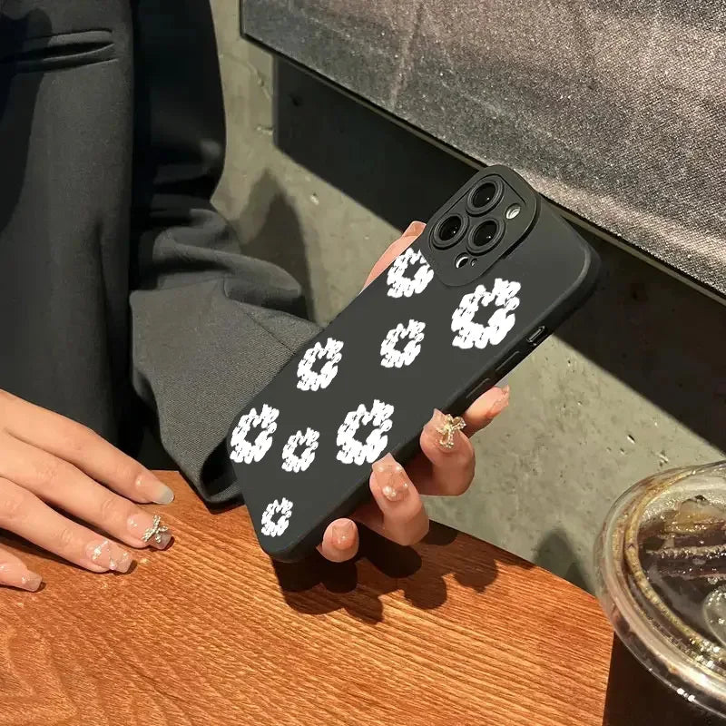 Case For iPhone 16 Cases iPhone 15 11 12 13 14 Pro Max X XS XR 7 8 16E 15 Plus Black Stylish Flower Patterned Design Phone Cover