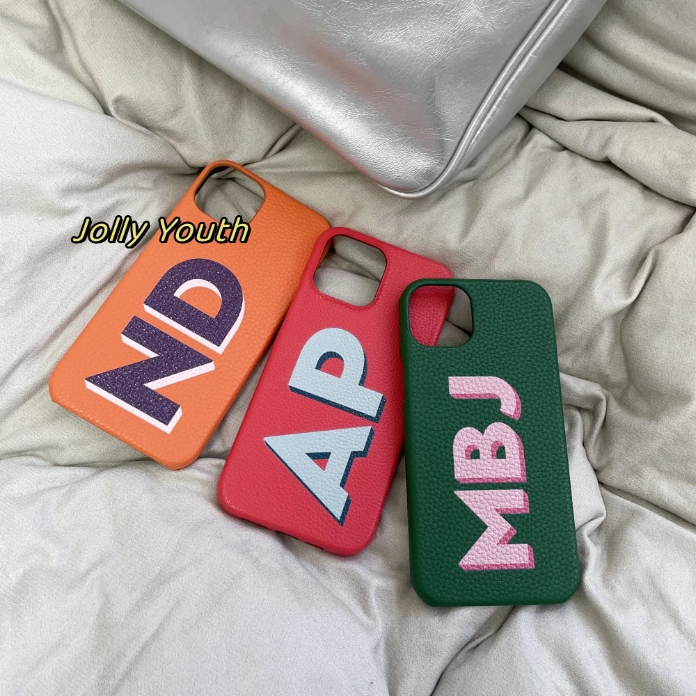 Personalized iPhone Case Monogram Initial Letter Leather Case For iPhone 15 14 13 12 11 Pro Max XS XR 7 8Plus Luxury Phone Cover - Caseverse
