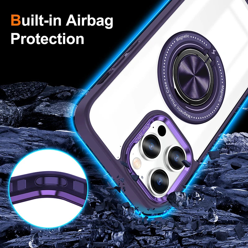 Metal Ring Magnetic Bracket Wireless Charging Phone Case for iPhone 16 15 14 Pro Max