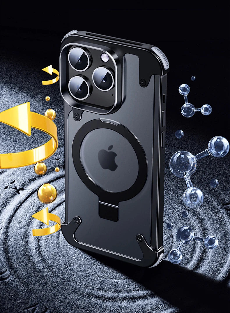 Aluminum Alloy Magnetic Stand Rimless Phone Case For iPhone 13 14 15 Pro Max 15Plus Metal Lens Shell  Frosted Matte Back Cover - Caseverse