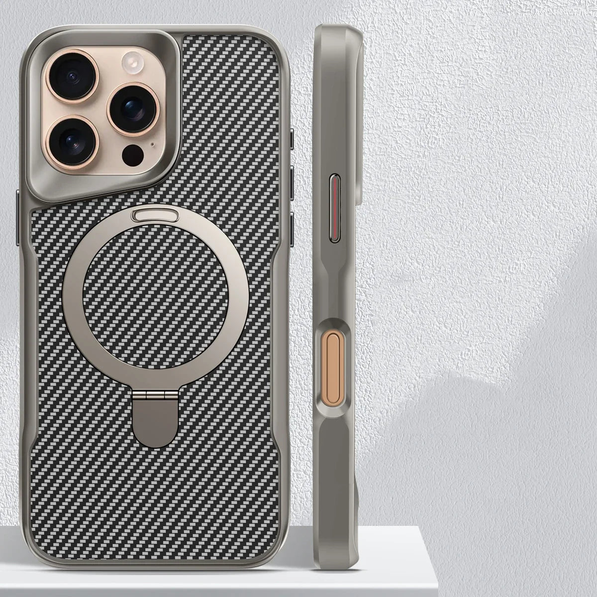 Desert Titanium metal holder carbon fibre magnetic phone case for iPhone 16 15 14 13 12 Pro Max magsafe charging armor hard case - Caseverse