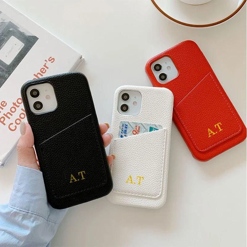 Personalized Phone Case with Card Holder Custom Initials Protective Cover iPhone16Promax 11 12 13 14 15Pro Max XS XR Mini - Caseverse
