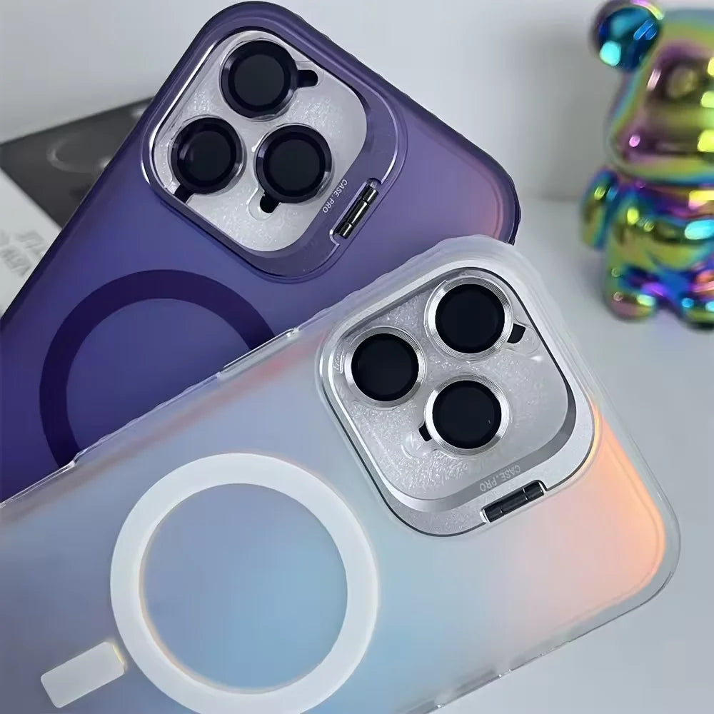 Gradient Metal Lens Holder Magsafe Phone Case for IPhone 16 15 14 Plus 13 12 Pro Max Back Lens Glass Film Matte PC Hard Cover