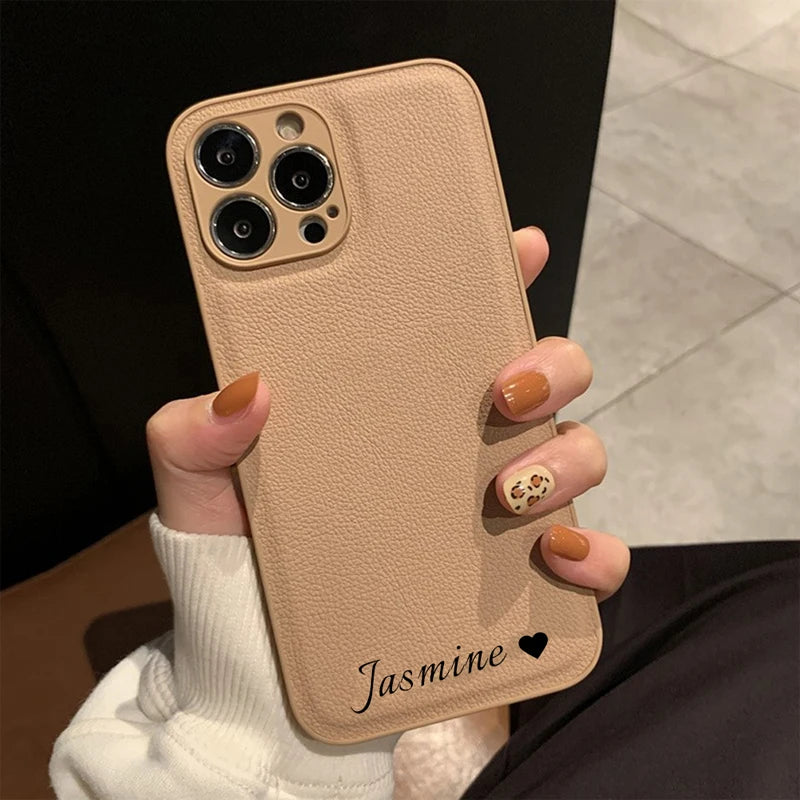 Personalized Customized Name Heart Phone Case for iPhone 16 15 14 13 Pro Max 12 11 X XS XR Design Leather Protective Back Cover - Caseverse