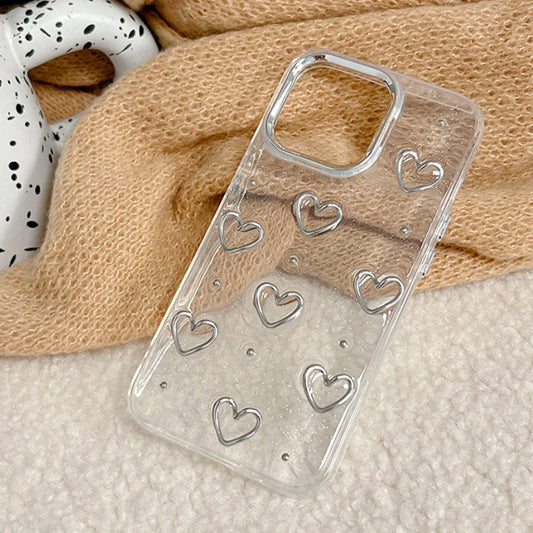 Cute Metal Love Heart Epoxy Glitter Phone Case For iPhone 16 15 14 13 12 11 Pro Max Plus Bling Clear Shockproof Soft Cover