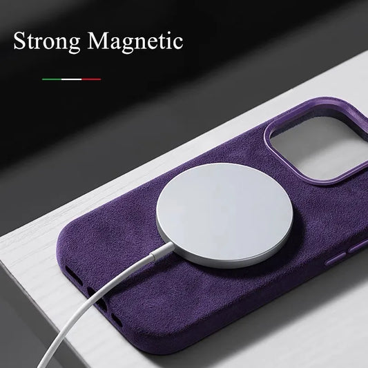 Alcantara Metal Lens Protection Phone Case for iPhone 12 13 14 15 16 Pro Max Magnetic Attraction High-end Imported Suede Cover