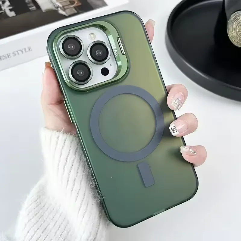 Gradient Metal Lens Holder Magsafe Phone Case for IPhone 16 15 14 Plus 13 12 Pro Max Back Lens Glass Film Matte PC Hard Cover