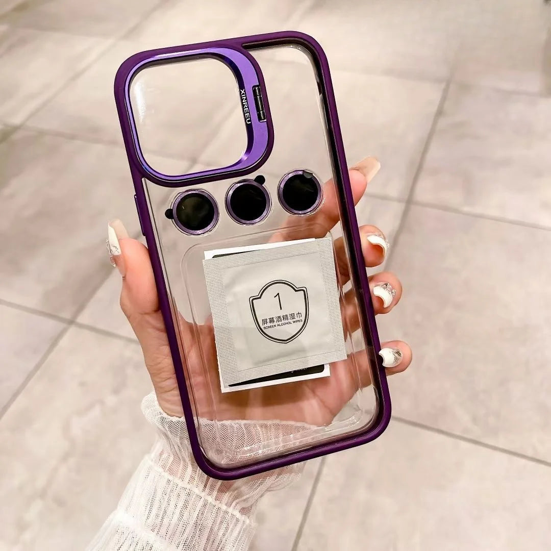 Camera Metal Ring Stand Phone Case For IPhone 15 14 Pro Max 15pro Lens Glass Protection Transparent Phone Cover